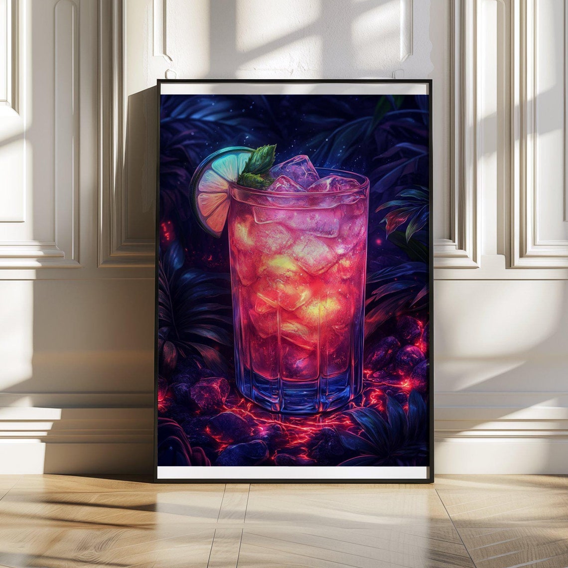 Neon Pink Cocktail With Lime Slice Glowing in a Tropical Night Poster