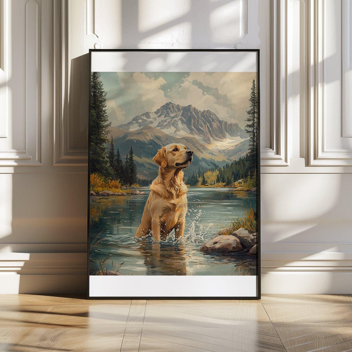 Golden Retriever Splashing in Alpine Mountain Lake Art Poster