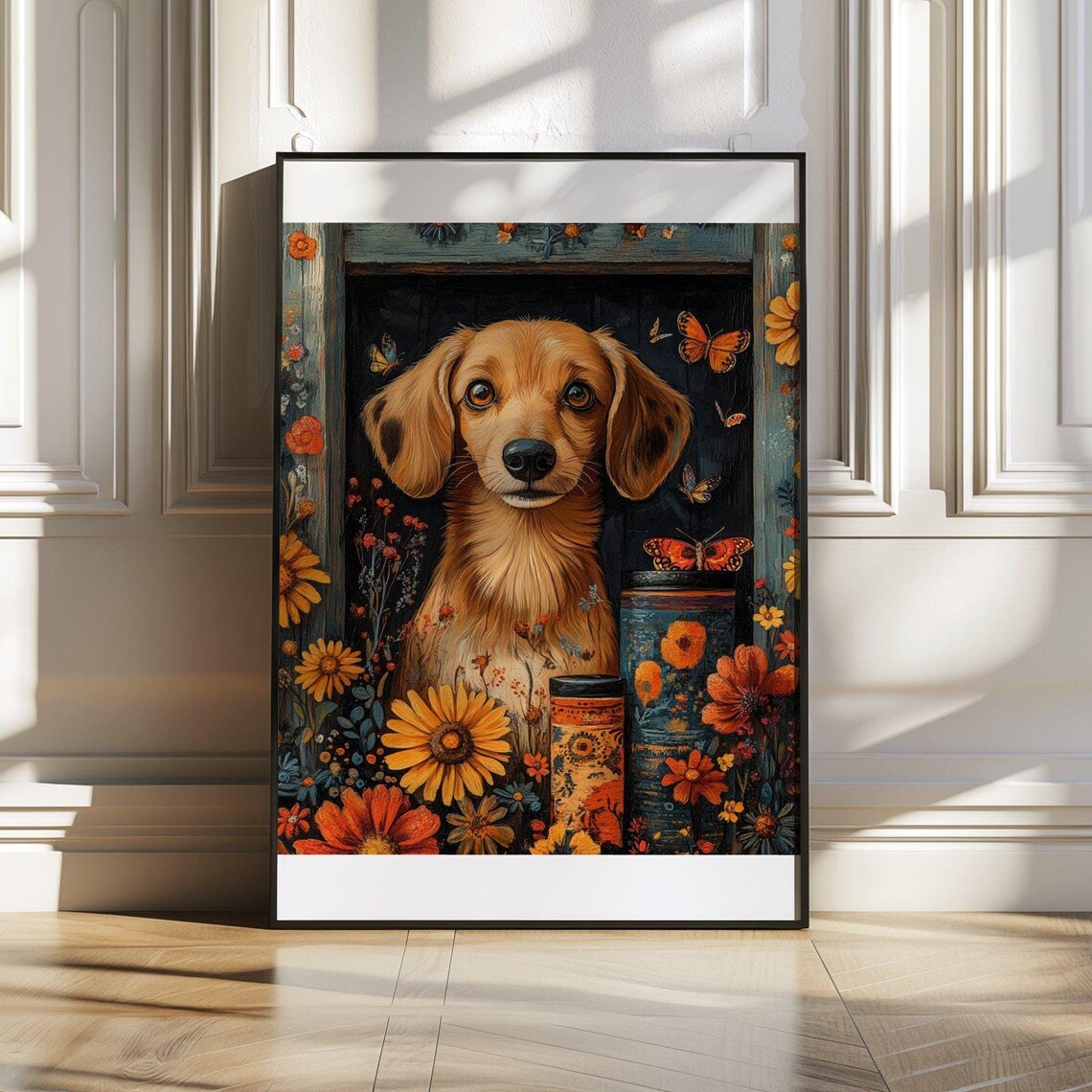 Dachshund Puppy in Floral Window with Butterflies Art Poster
