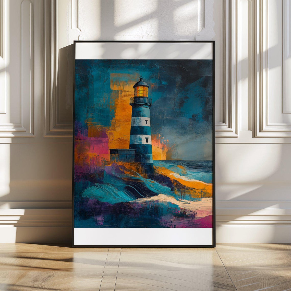 Abstract Colorful Lighthouse Poster With Teal Orange and Pink Strokes
