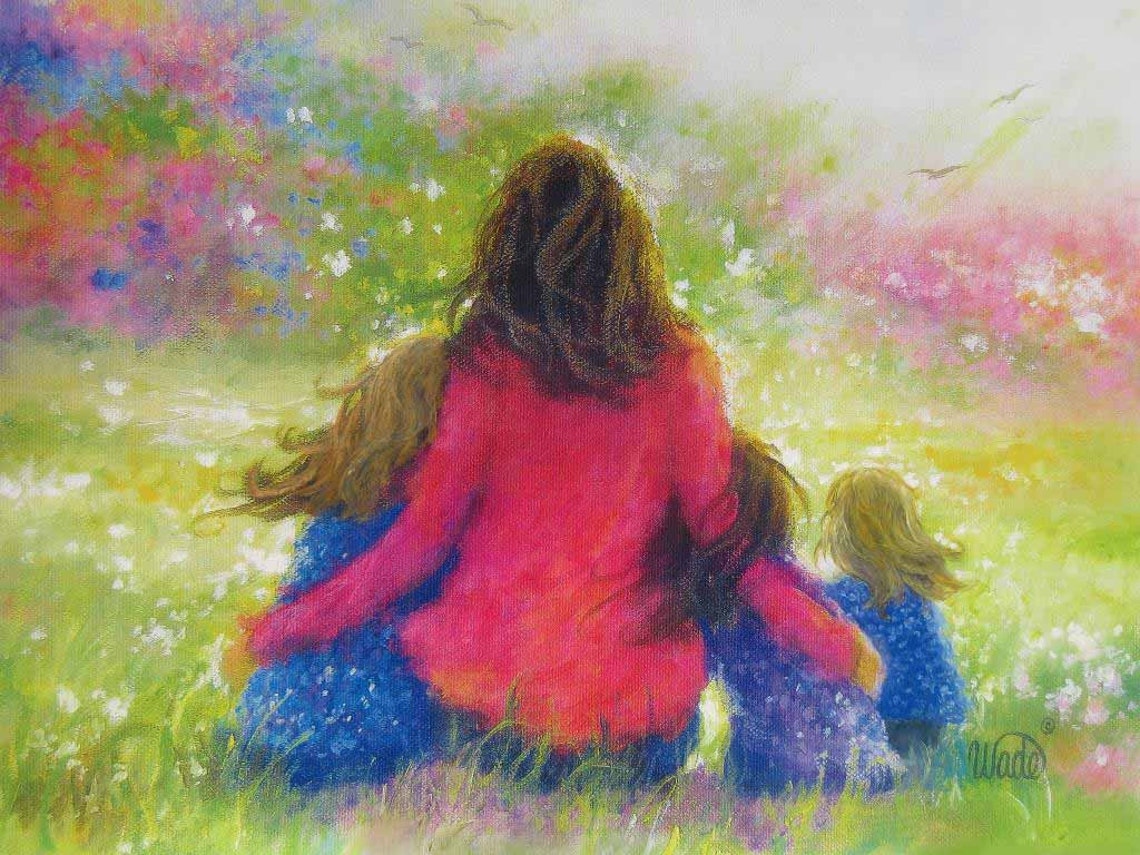 Mother And Three Daughters Art Print Three Girls Paintings Garden Mother Little Sis Blonde Three Sisters Girls Room Art Vickie Wade Art