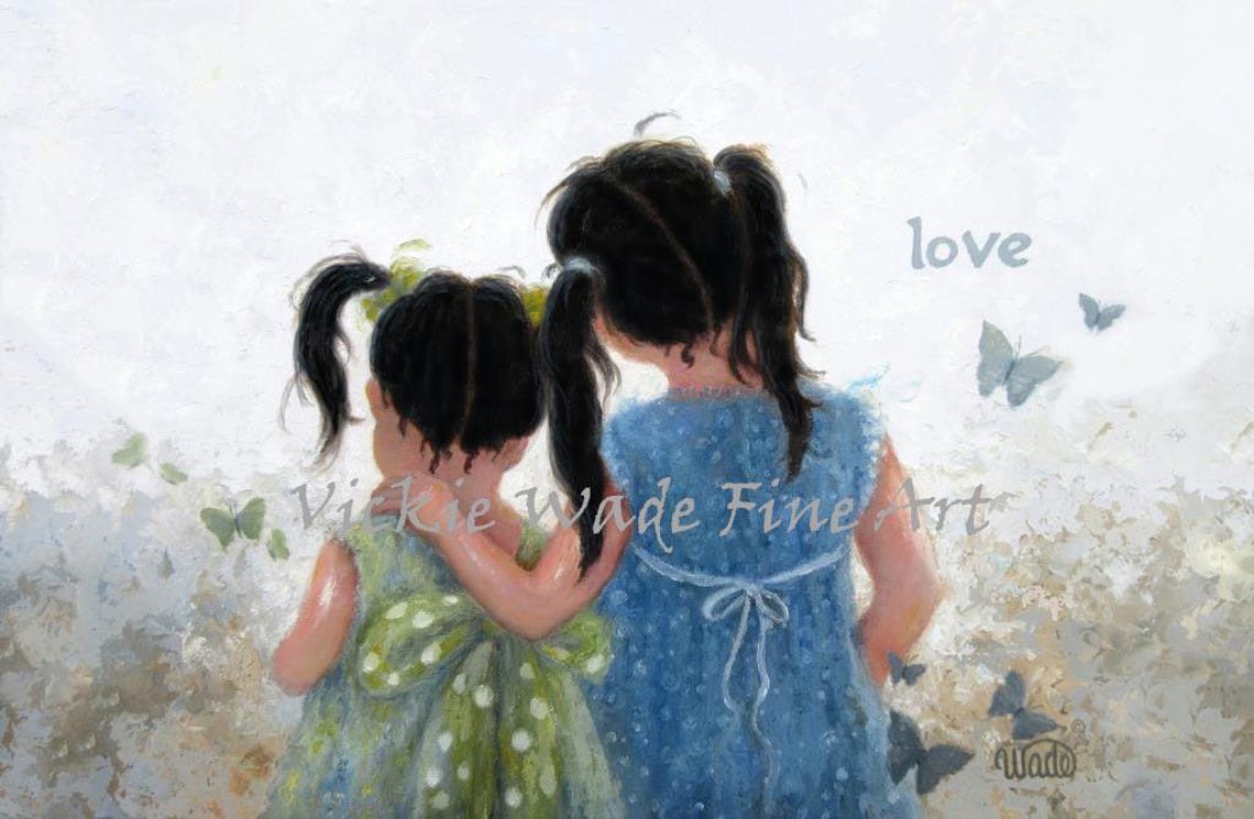 Two Sisters Art Print Two Girls Loving Sisters Hugging Black Hair Girls Two Asian Sisters Butterflies Two Girls Pigtails Vickie Wade