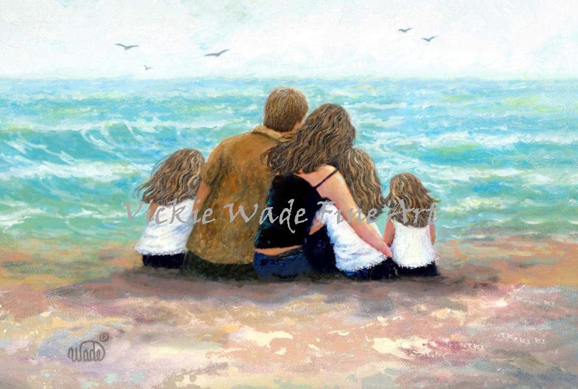 Family of Five Sitting on Beach Watching Ocean Waves Art Poster
