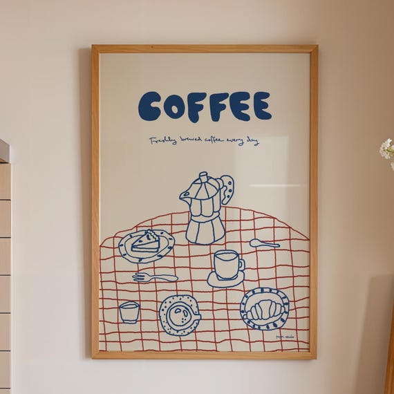 Coffee Poster Moka Pot Print Retro Picnic Wall Art Modern Kitchen Mid Century Personalized Room Decor