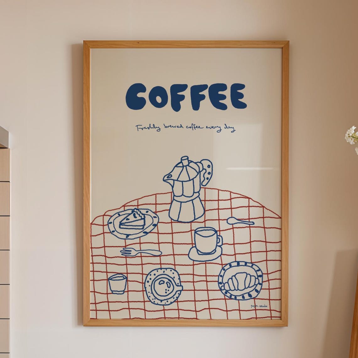 Coffee Moka Pot Picnic Breakfast Table Hand Drawn Kitchen Poster