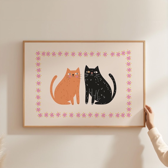 Orange And Black Cat Pair Cute Floral Border Kitty Art Poster