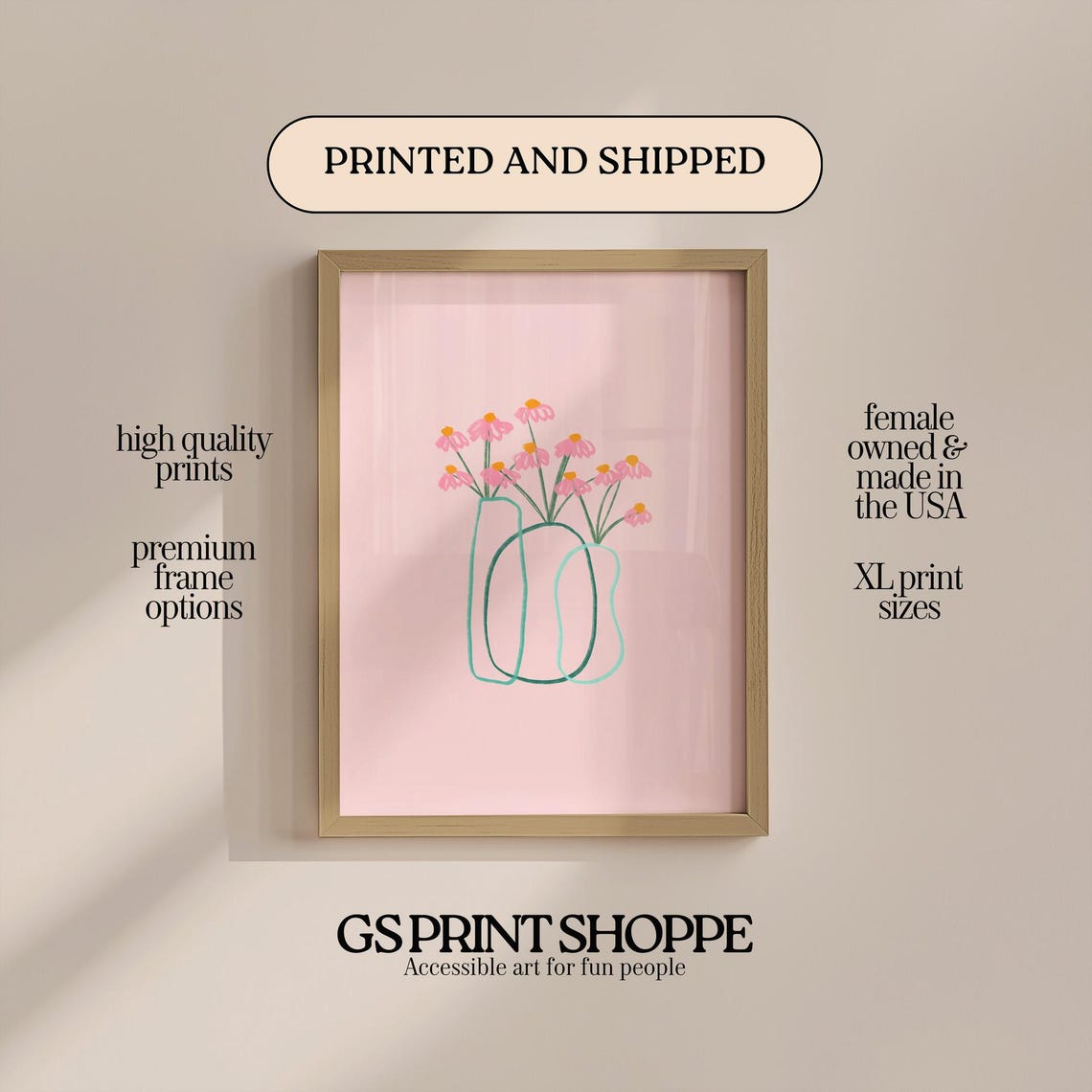 Pink Daisy Doodle Line Art Vases Blush Pink Modern Floral Poster