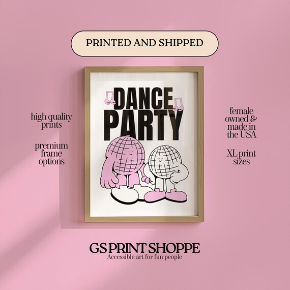 Dance Party Cute Disco Ball Friends Retro Pink Typography Art Poster