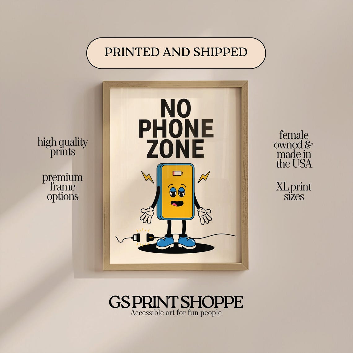 No Phone Zone Retro Cartoon Phone Character Fun Quote Art Print