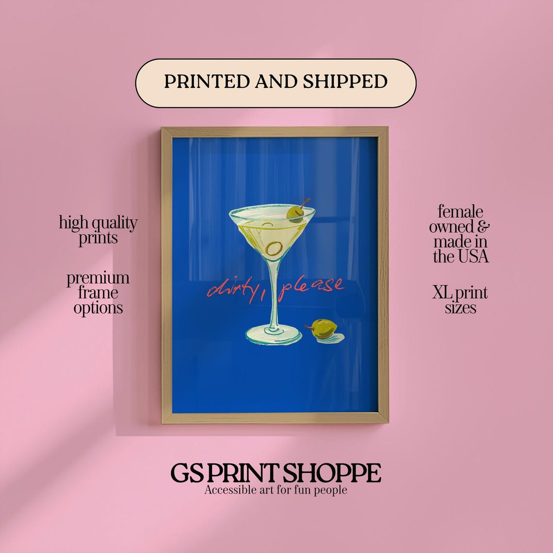 Dirty Please Martini Cocktail Olive Blue Bar Cart Poster Chic