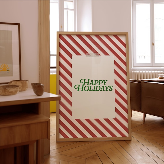 Happy Holidays Christmas Poster Candy Cane Stripe Red Green Decor