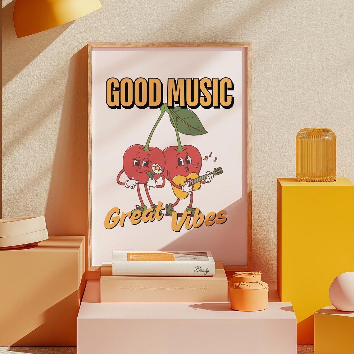 Good Music Great Vibes Retro Cherry Cartoon Guitar Duo Poster