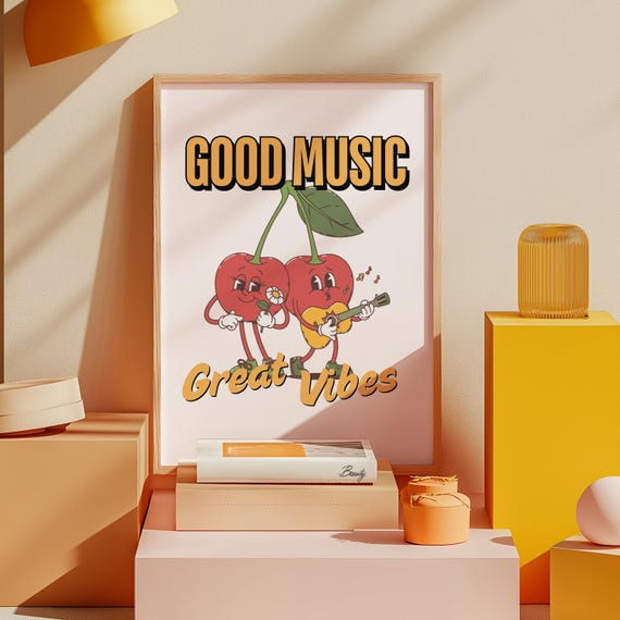 Music Art Classroom Art Cute Retro Print Cherry Cartoon Retro Mascot Print Funky Groovy Minimal Retro Poster Gs Print Shoppe