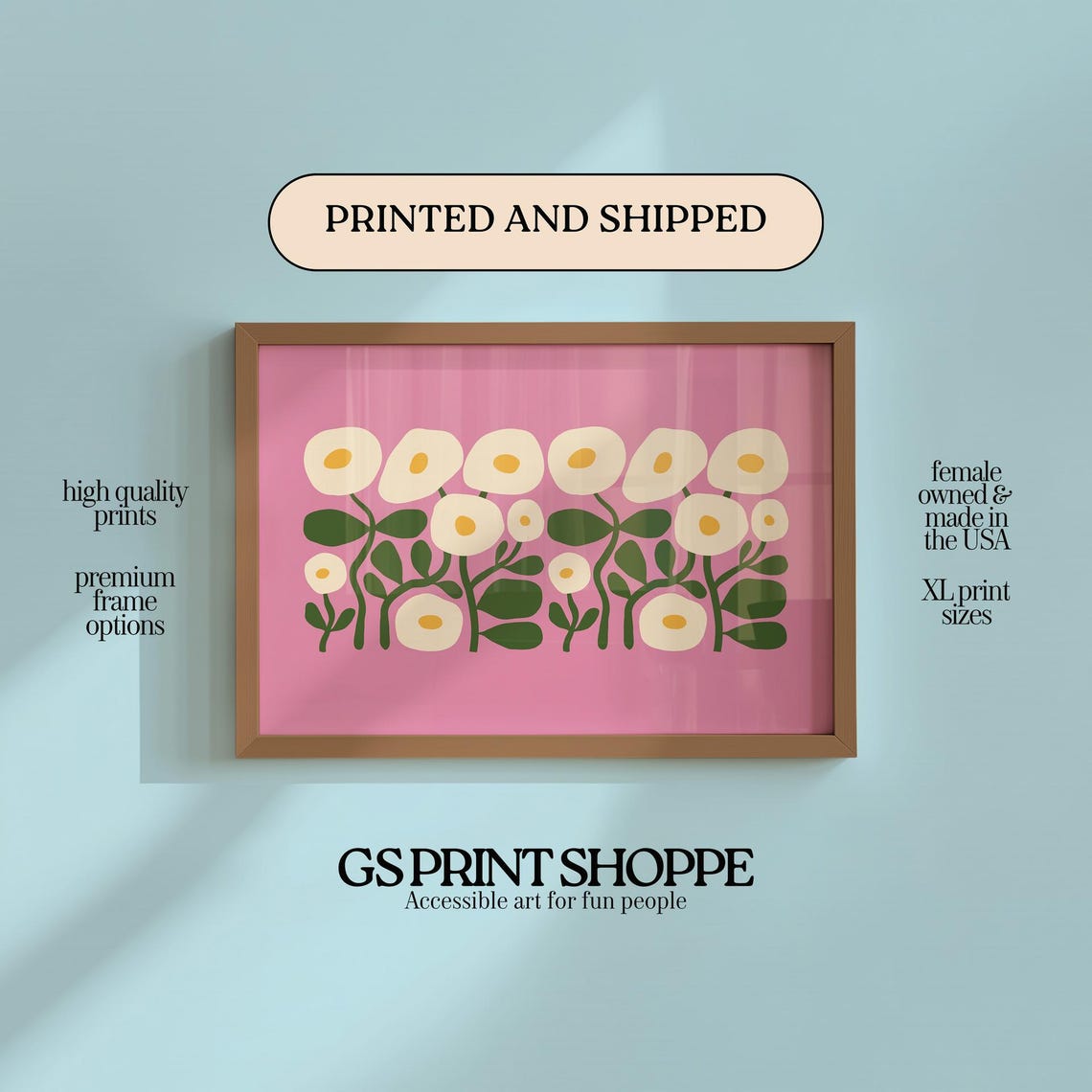 White Daisy Blooms Pink Background Modern Floral Folk Art Poster
