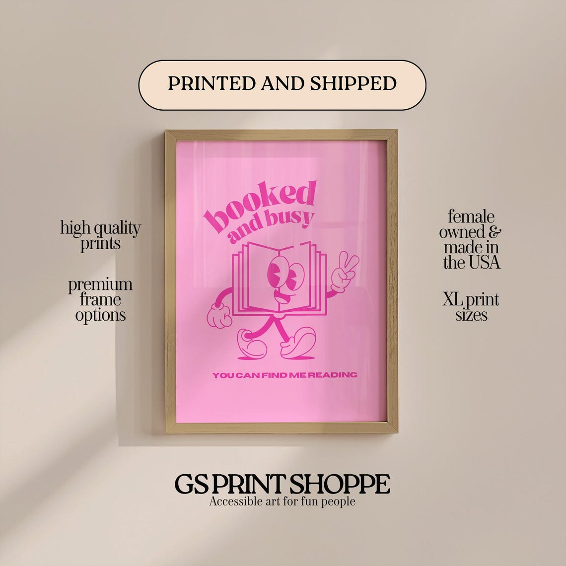 Booked and Busy Hot Pink Retro Bookworm Reading Quote Poster