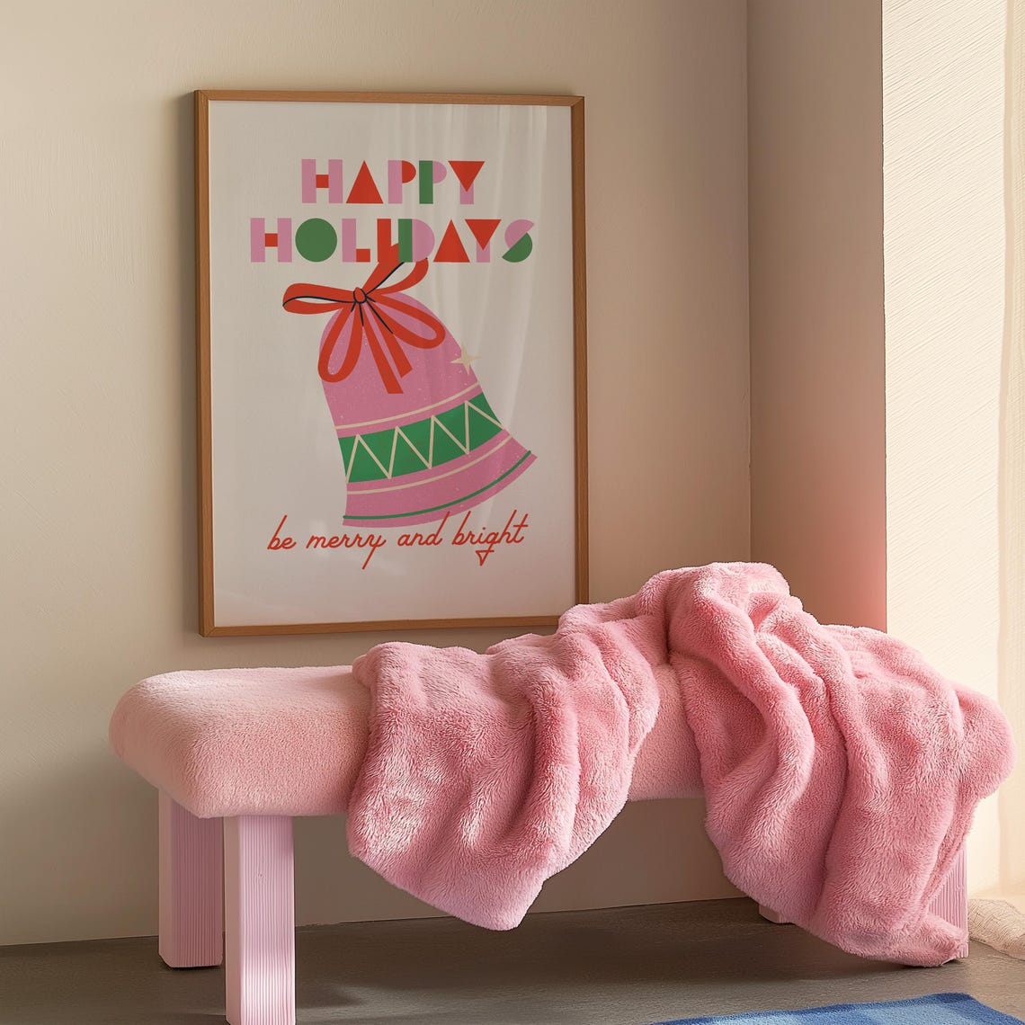 Happy Holidays Pink Bell Be Merry And Bright Retro Christmas Poster - Image 2