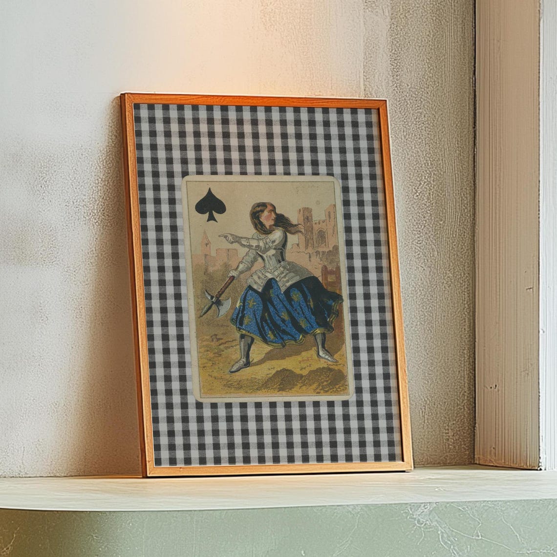Vintage Warrior Spade Card Poster Black Gingham Retro Game Art