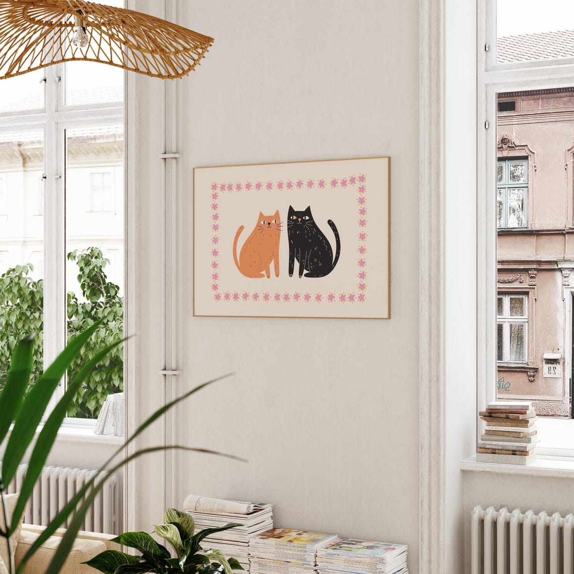 Orange And Black Cat Pair Cute Floral Border Kitty Art Poster - Image 2