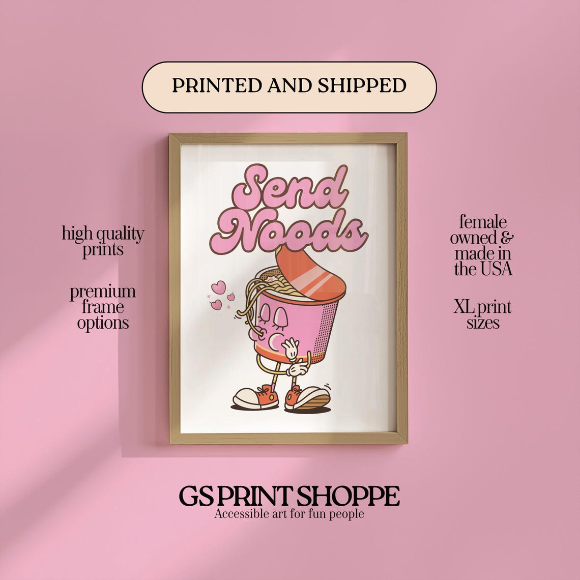Send Noods Cute Ramen Cup Cartoon Character Pink Food Art Poster