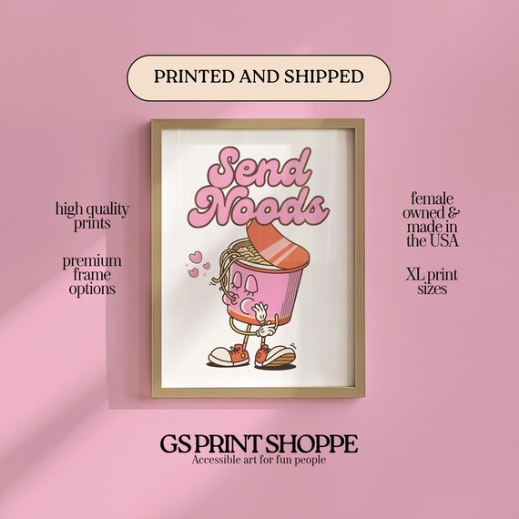 Send Noods Cute Ramen Cup Cartoon Character Pink Food Art Poster