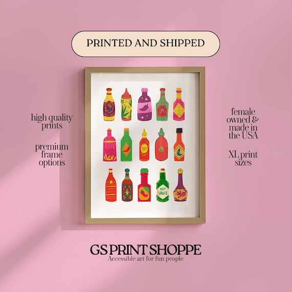 Colorful Hot Sauce Bottle Collection Playful Modern Kitchen Art Print