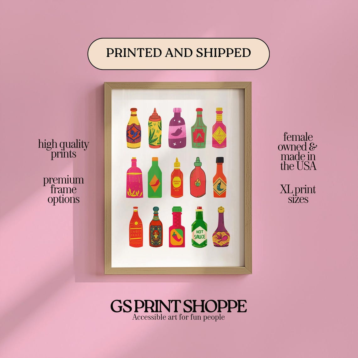 Colorful Hot Sauce Bottle Collection Playful Modern Kitchen Art Print