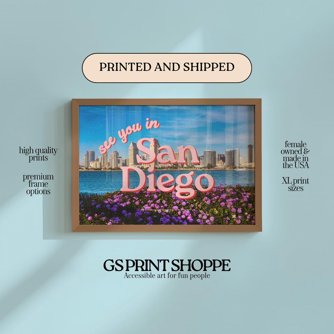 See You in San Diego Skyline Bay Retro Script Cityscape Poster