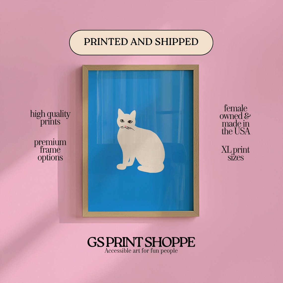 Minimalist White Cat on Bold Blue Background Graphic Art Poster