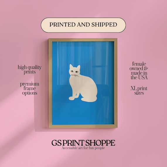 Minimalist White Cat on Bold Blue Background Graphic Art Poster