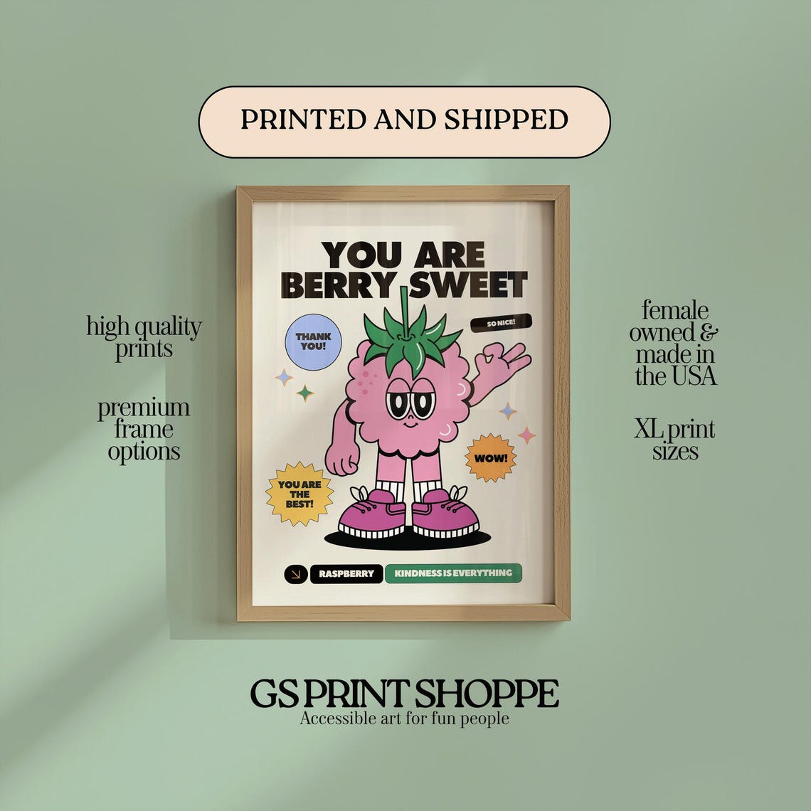 You Are Berry Sweet Retro Raspberry Cartoon Pun Poster Kindness Gift