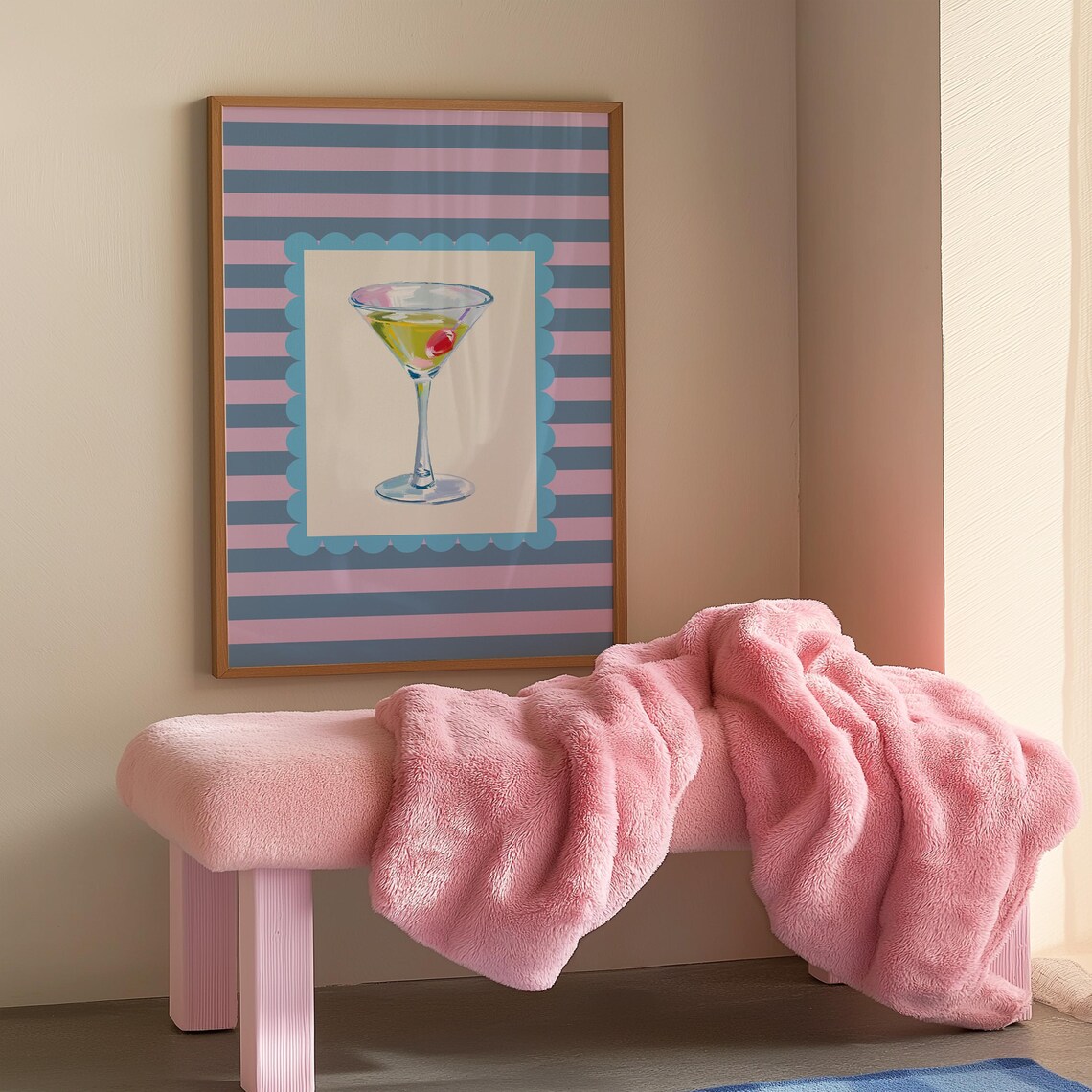 Martini Cherry Watercolor Pink Blue Striped Retro Bar Cart Poster - Image 2
