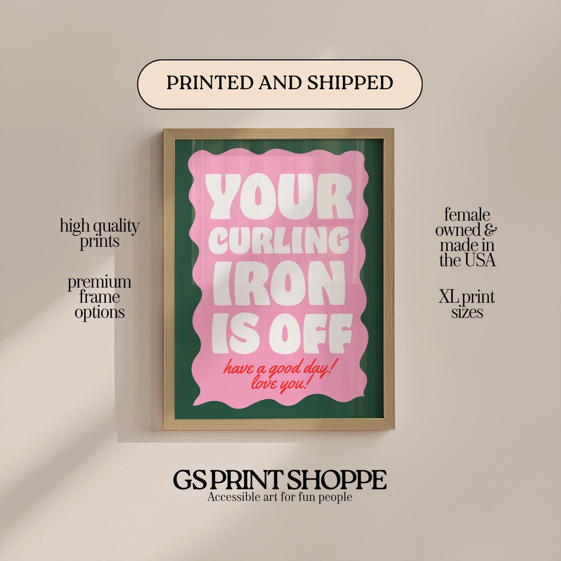Your Curling Iron Is Off Pink Quote Poster with Wavy Retro Border Design