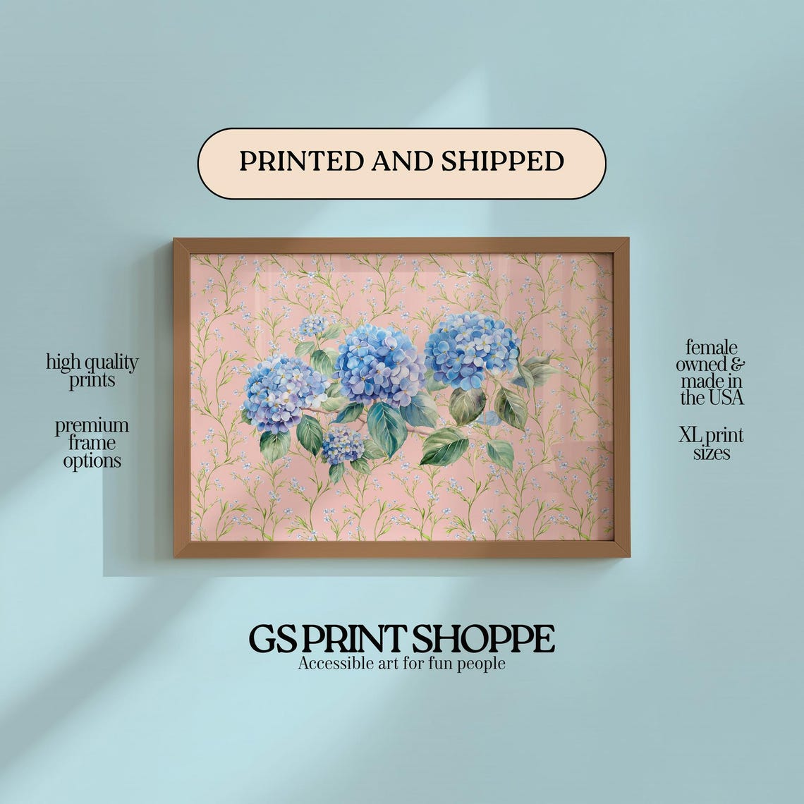 Blue Hydrangea Pink Vine Vintage Botanical Floral Garden Poster