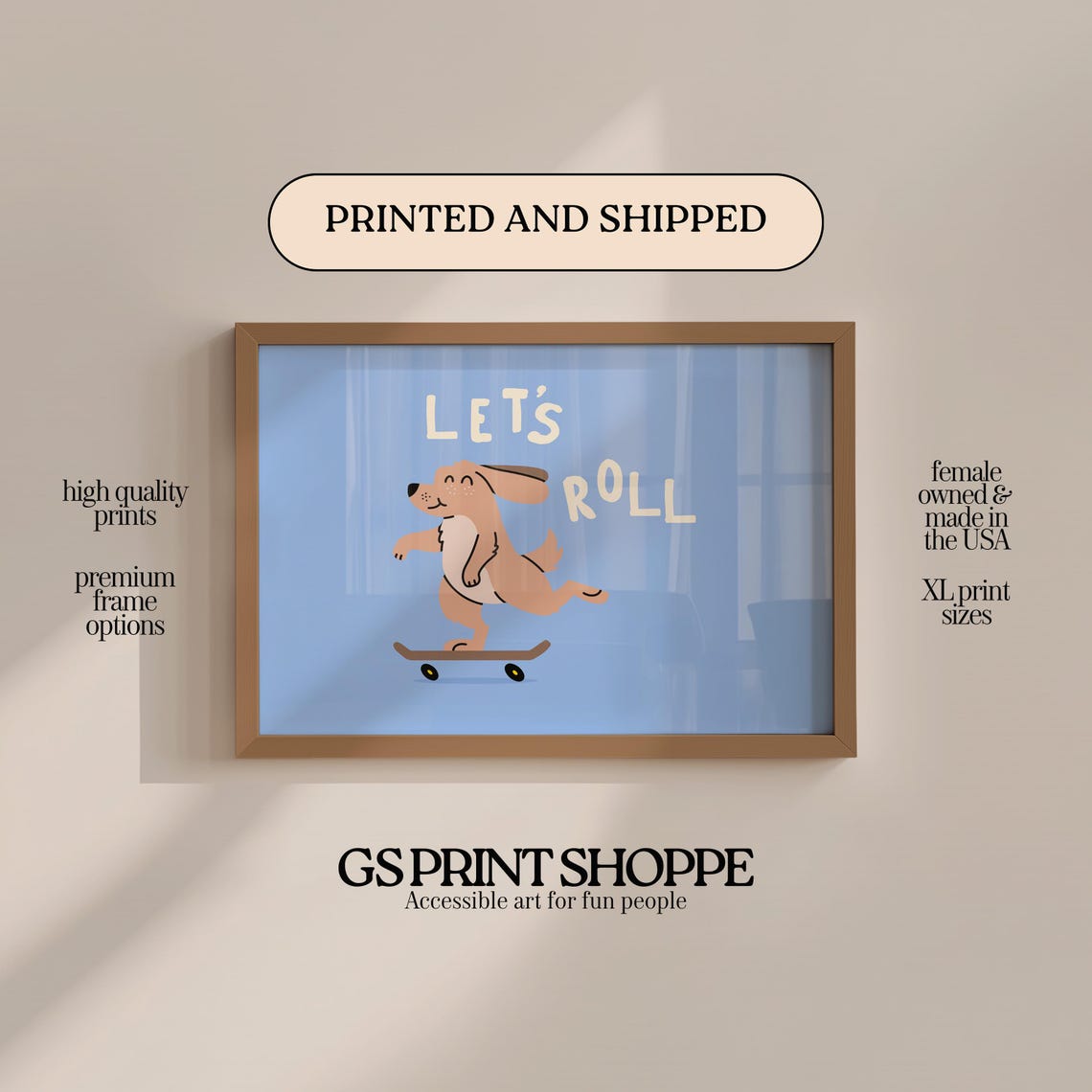 Let's Roll Skateboard Puppy Funny Blue Kids Room Animal Wall Art