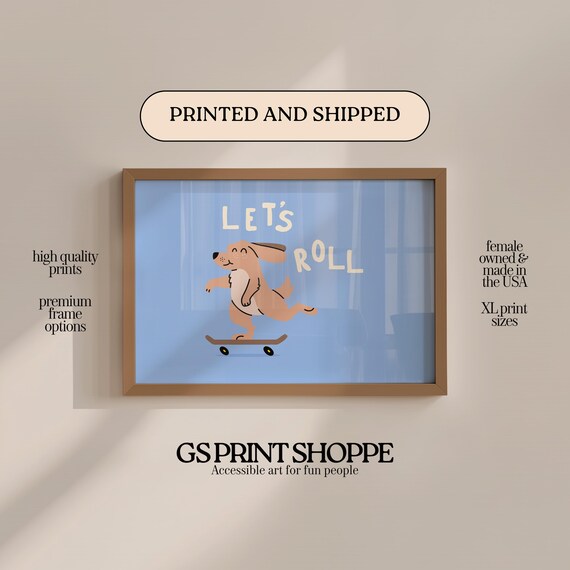 Let's Roll Skateboard Puppy Funny Blue Kids Room Animal Wall Art