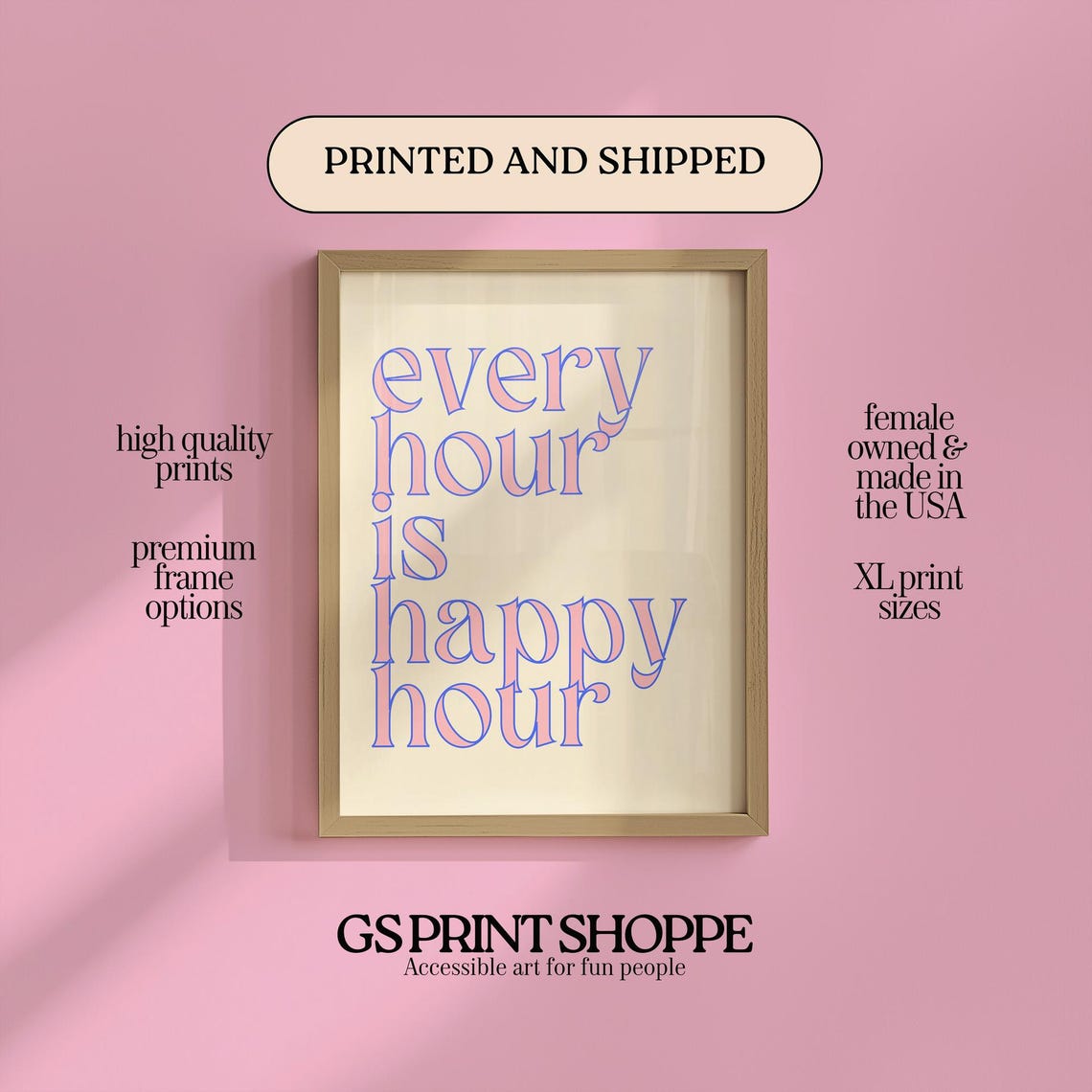 Every Hour Is Happy Hour Cocktail Bar Typography Art Poster Fun