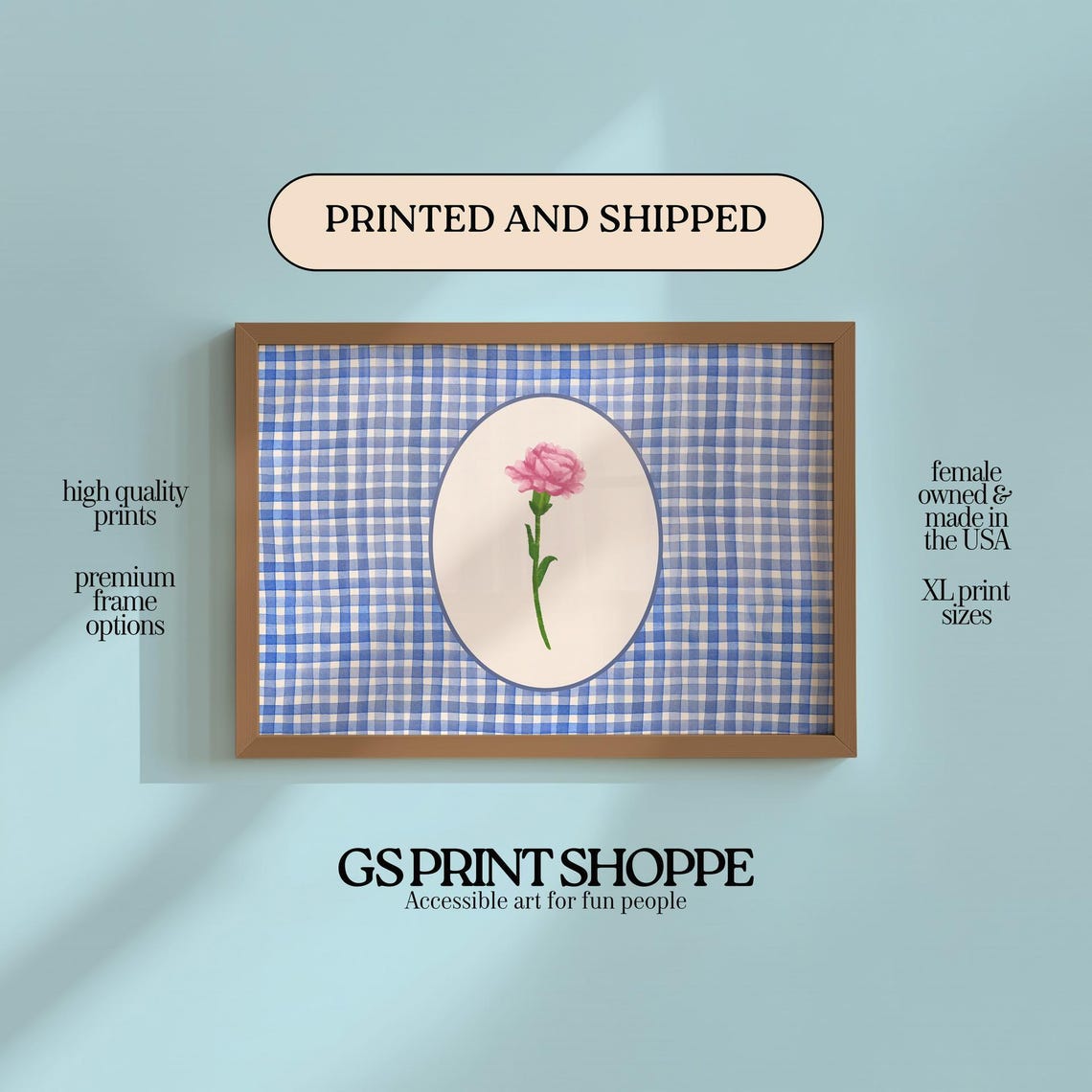 Pink Carnation Oval Blue Gingham Check Cottage Horizontal Art Poster