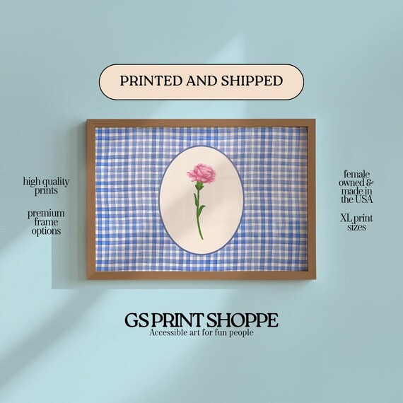Pink Carnation Oval Blue Gingham Check Cottage Horizontal Art Poster