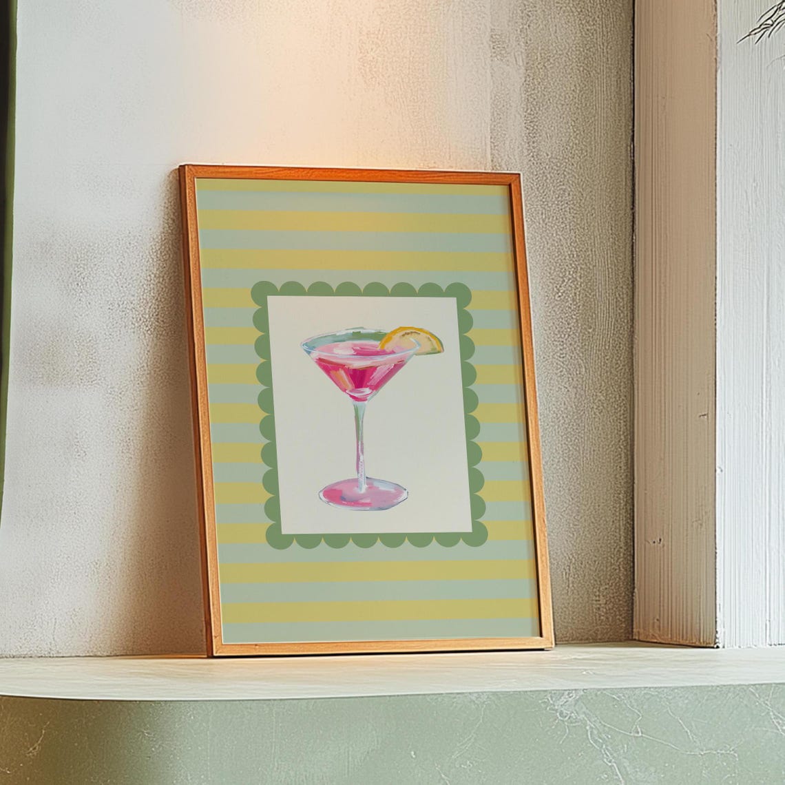 Pink Cosmopolitan Cocktail Retro Green Scalloped Bar Cart Poster