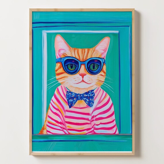 Orange Cat In Blue Sunglasses And Striped Shirt Fun Art Poster