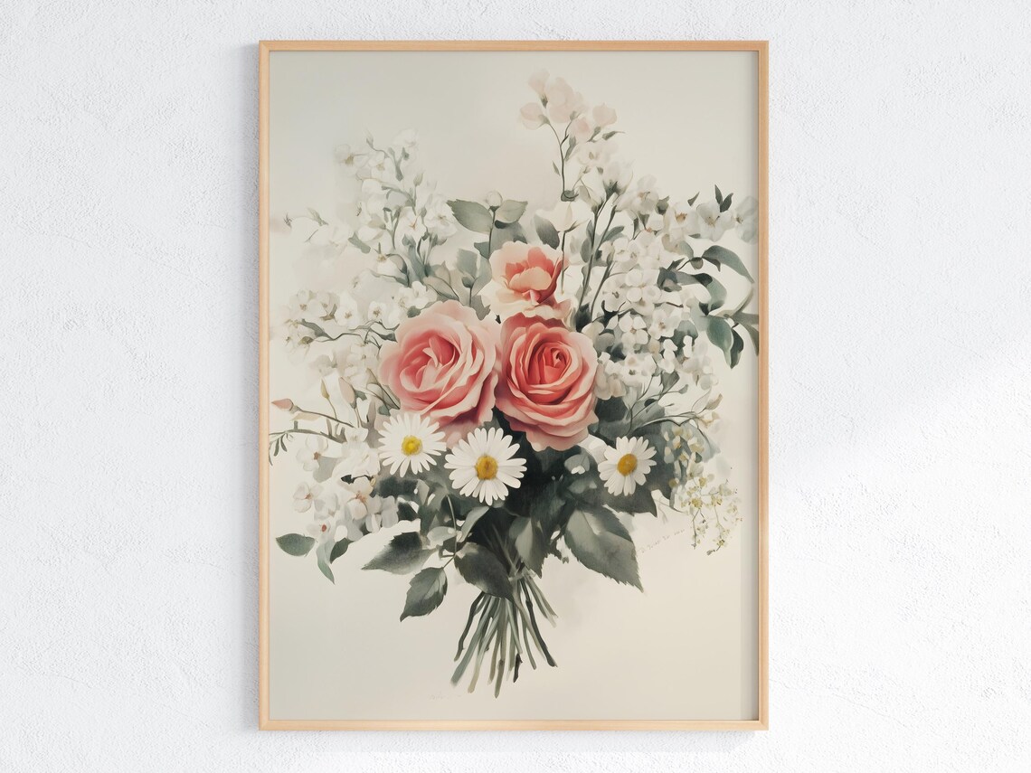 Pink Rose Vintage Botanical Illustration, Grandmillennial Style