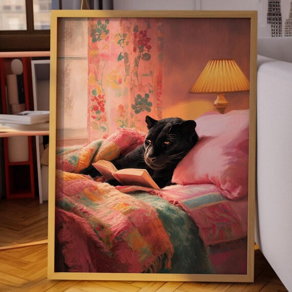 Black Panther Reading a Book In Cozy Bed Whimsical Animal Poster