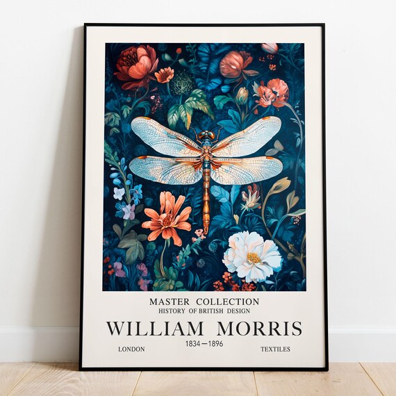William Morris Print Blue Dragonfly Exhibition Poster Vintage Art Textiles Floral Wall Wildlife
