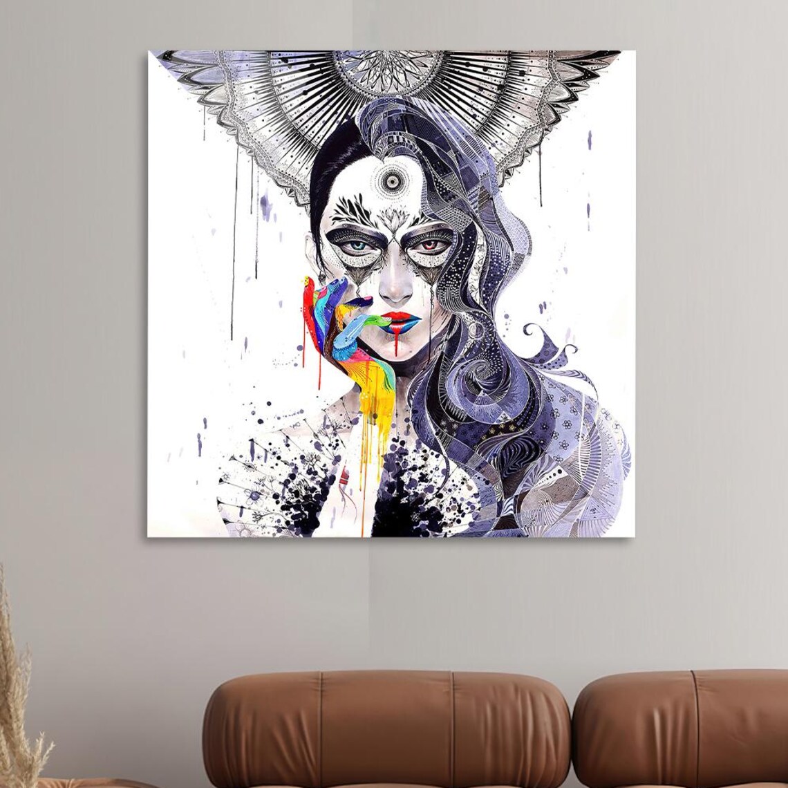 Abstract Woman Portrait Rainbow Paint Splash Monochrome Modern Art Poster