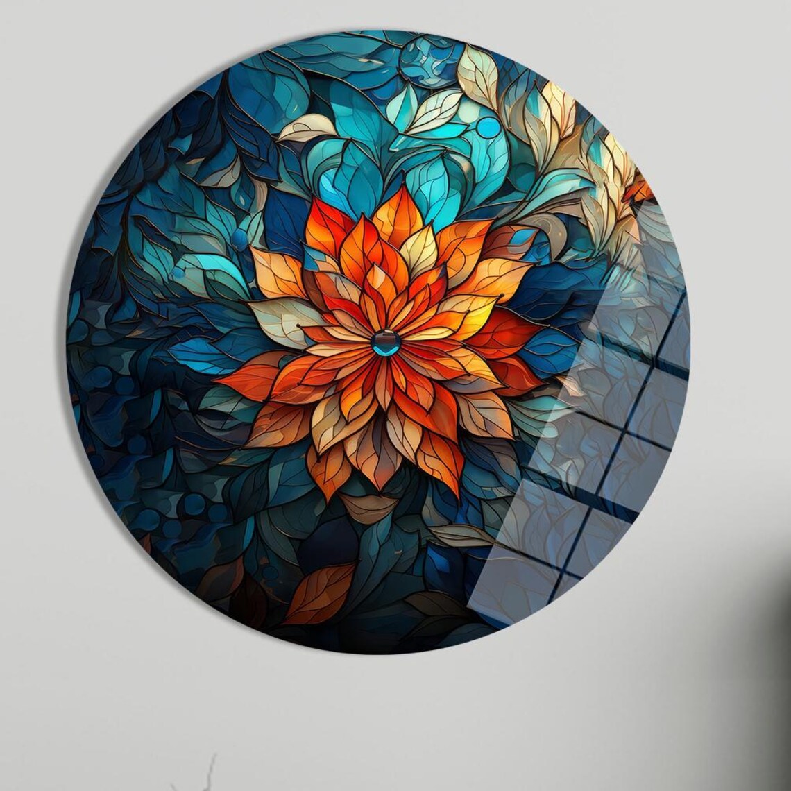 Round Stained Glass Flower Mandala Orange Blue Mosaic Circle Poster