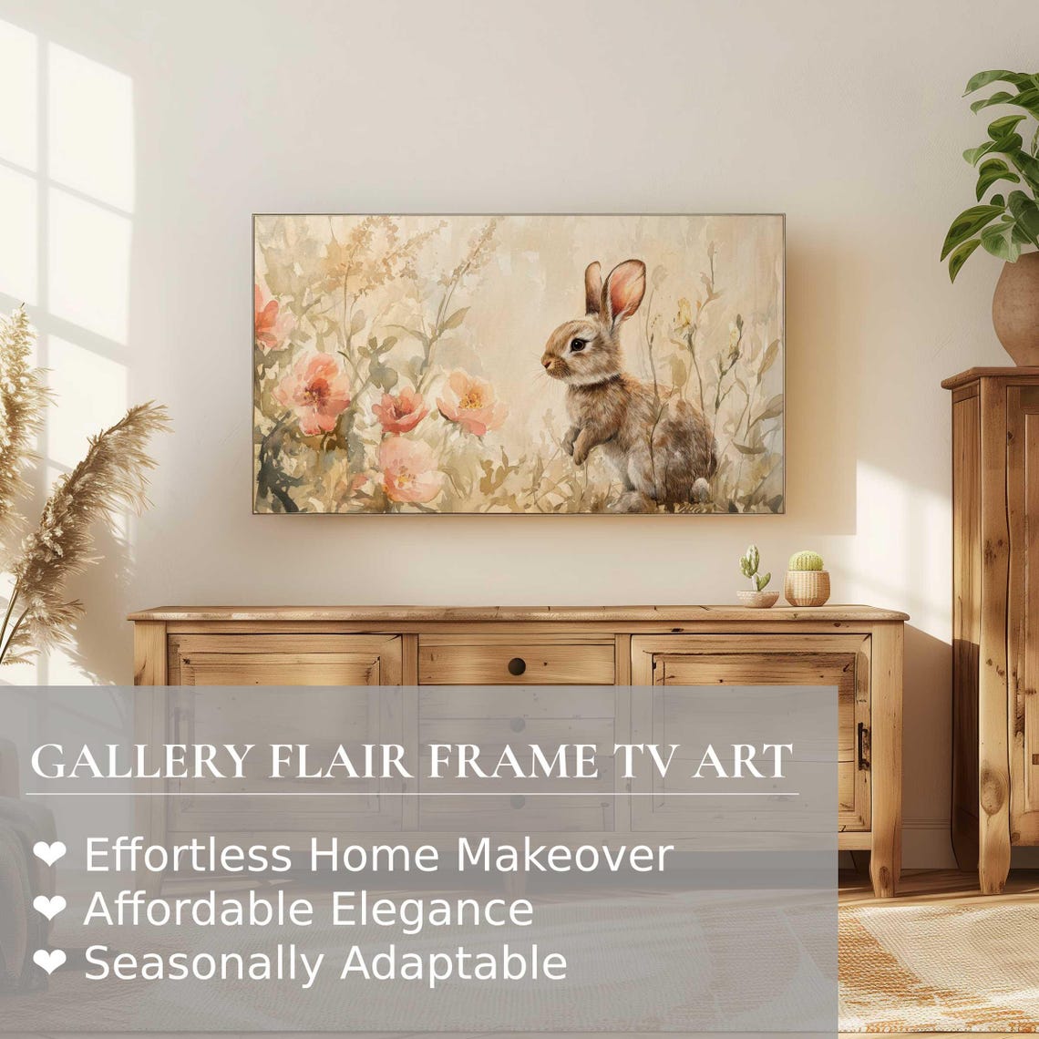 Brown Bunny Among Soft Pink Blossoms Watercolor Spring Wall Art - Image 2