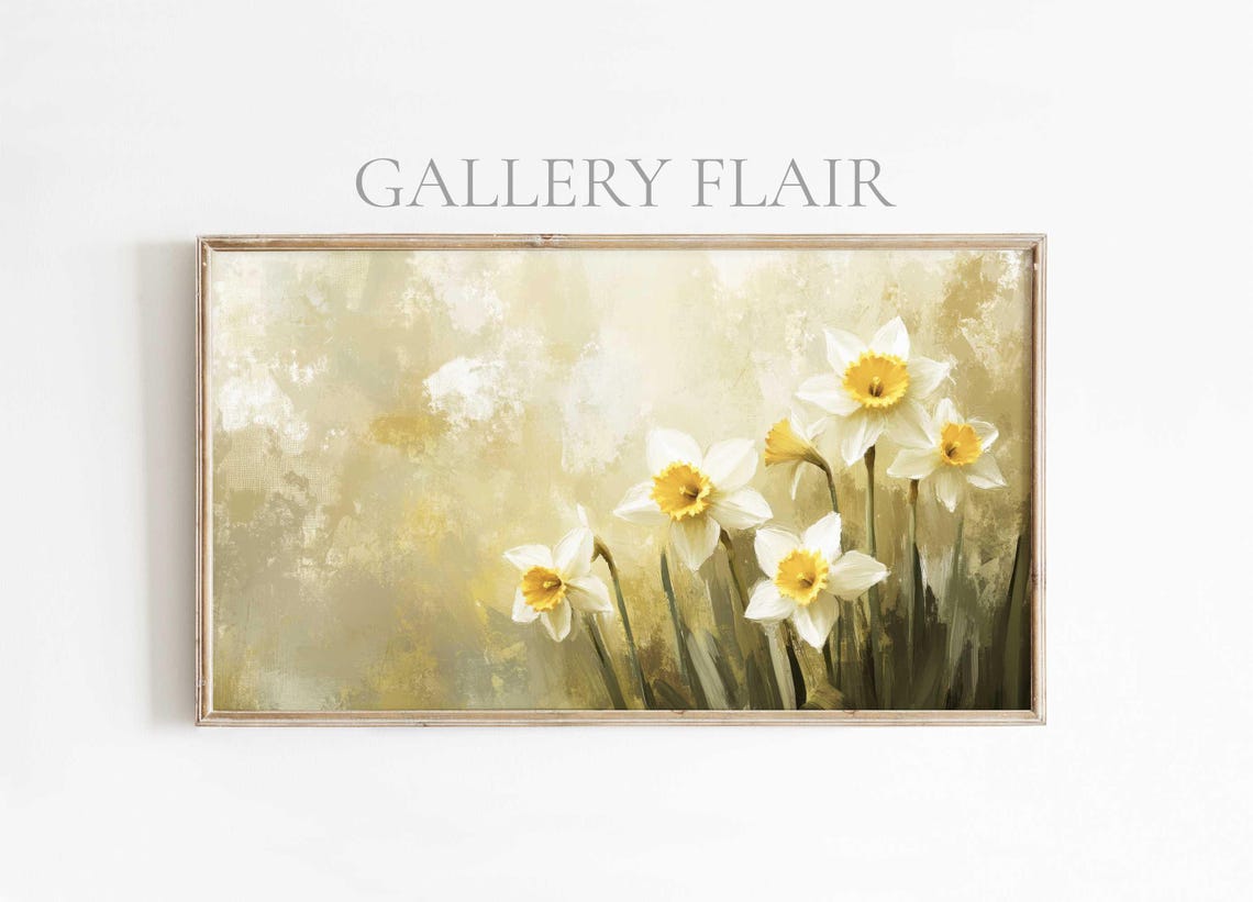 White Daffodils Yellow Centers Vintage Spring Floral Wall Art