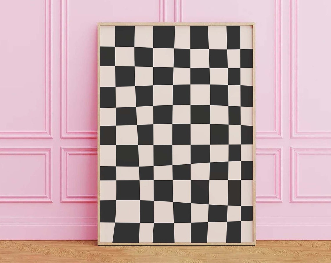 Black And White Abstract Print Art Trendy Checkered Print 70s Retro Art Cute Trendy Wall Art