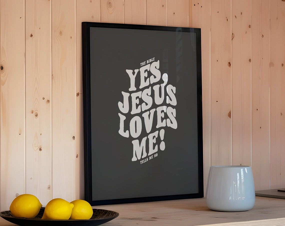 Yes Jesus Loves Me Retro Wavy Type Charcoal Christian Poster