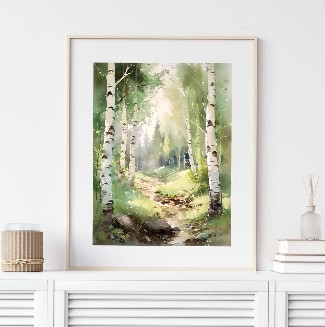 Birch Trees By Gentle Stream Misty Sunlight Watercolor Poster - Image 5